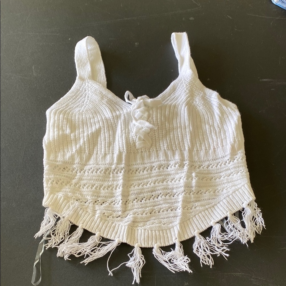 White Knit Fringe Crop Top